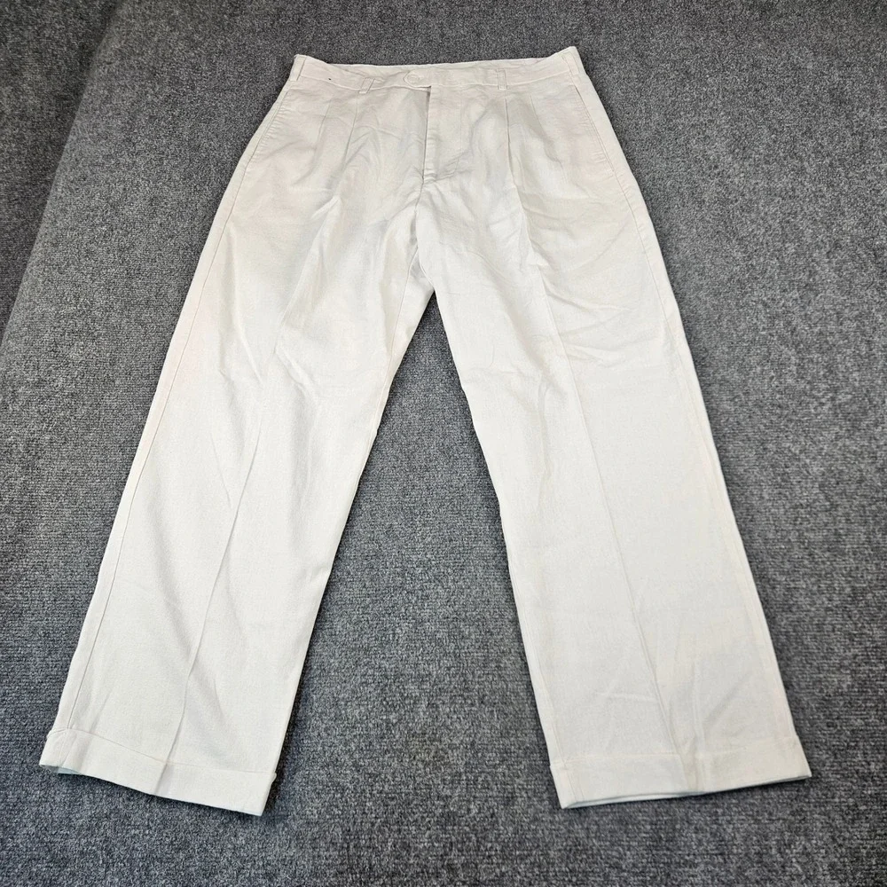 Trust Mens Linen Blend Pleated Cuffed Trousers Off White Cream Actual (34x28)